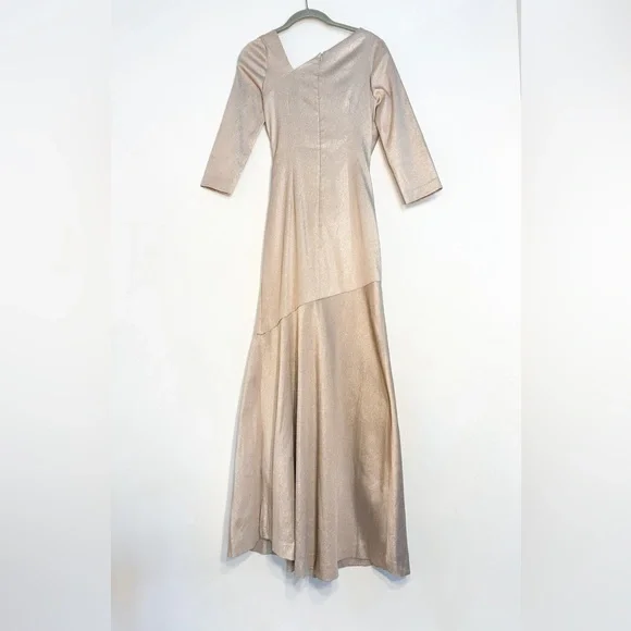 Teri Jon by Rickie Freeman gold metallic gown 3/4 long sleeve formal dress - Picture 4 of 8